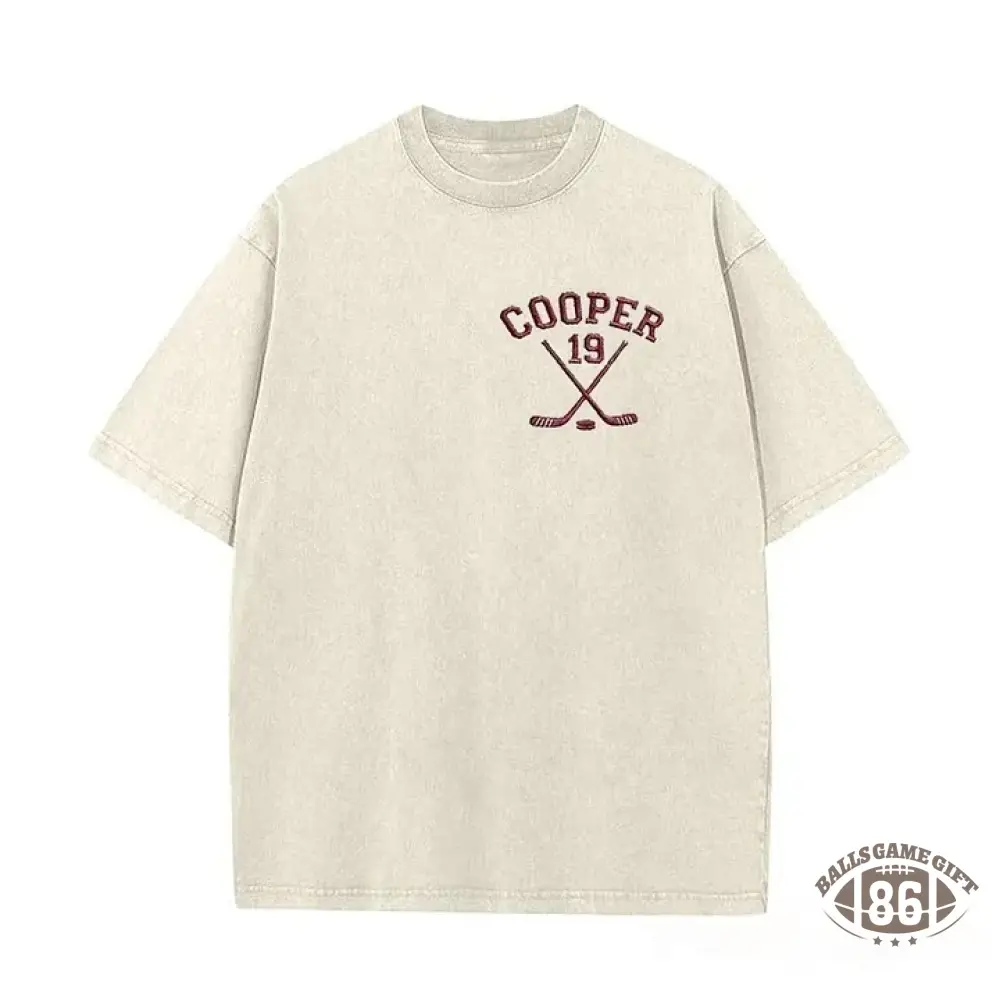 Personalized Custom Embroidered Hockey Washed T-Shirt with Side Crossed Hockey Sticks