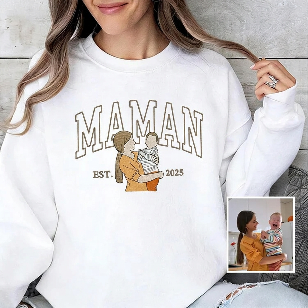 Custom Mama Sweatshirt, Embroidered Kids Portrait Crewneck, Unique Mother's Day Gift Keepsake Gift