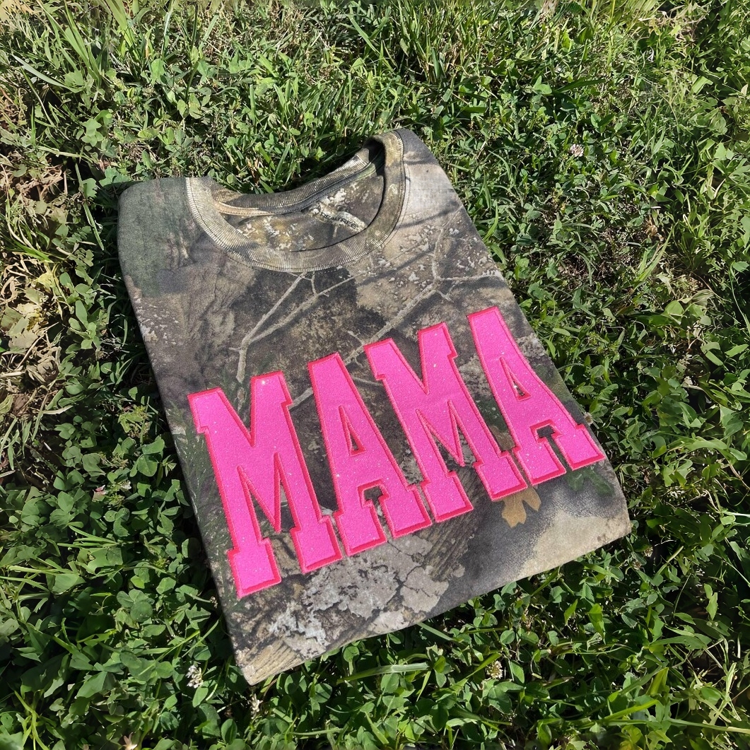 Pamaviva Personalized Camo Glitter Text Mama Shirt Custom Name Hunting Gift for Mom Mothers Day Apparel