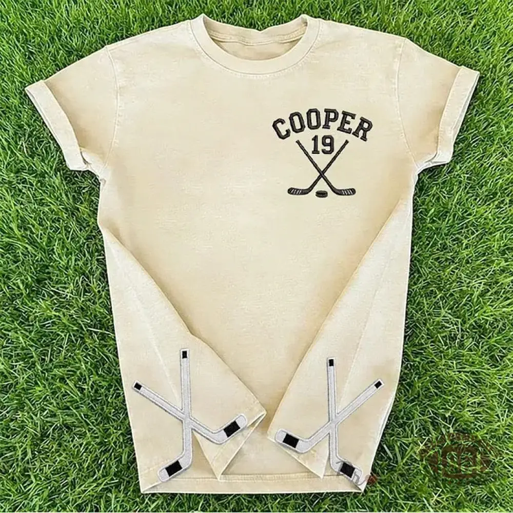 Personalized Custom Embroidered Hockey Washed T-Shirt with Side Crossed Hockey Sticks