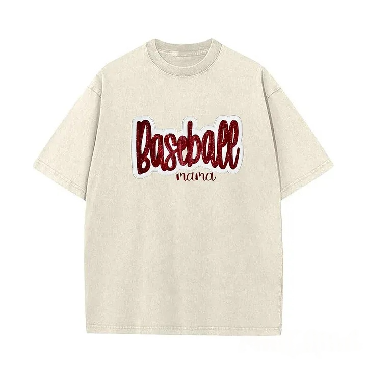 Personalized Custom Glitter Embroidered Baseball Mom Washed T-Shirt with Side Bow
