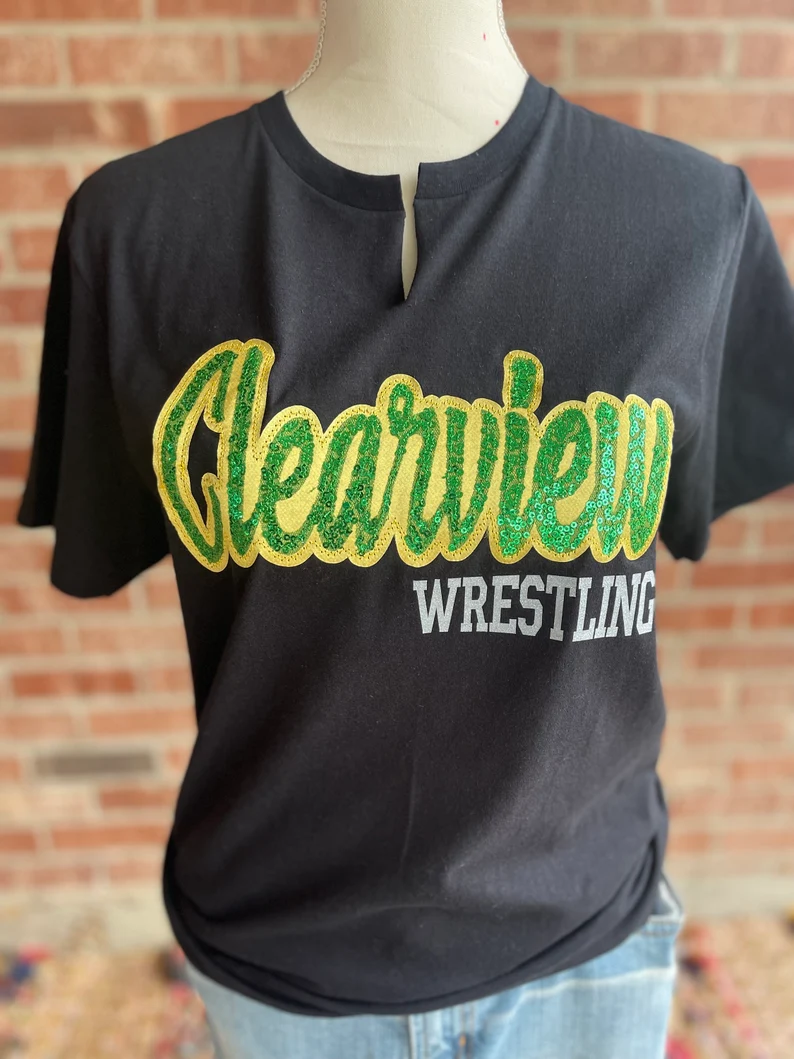 Personalized Sequin Notch Neck T-Shirt – Custom School & Team Name Game Day Tee