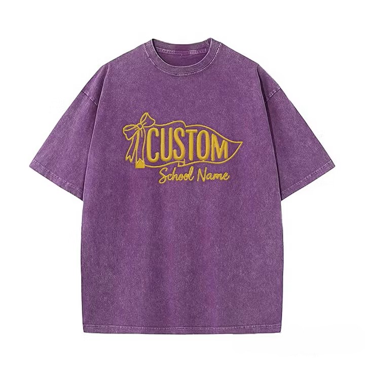 Custom Vintage Embroidered School Spirit Washed T-Shirt with Embroidered Icon on Sleeves