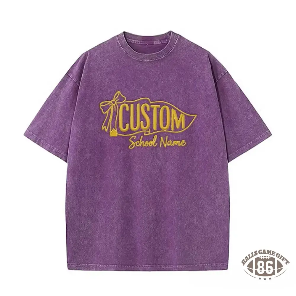 Custom Vintage Embroidered School Spirit Washed T-Shirt with Embroidered Icon on Sleeves