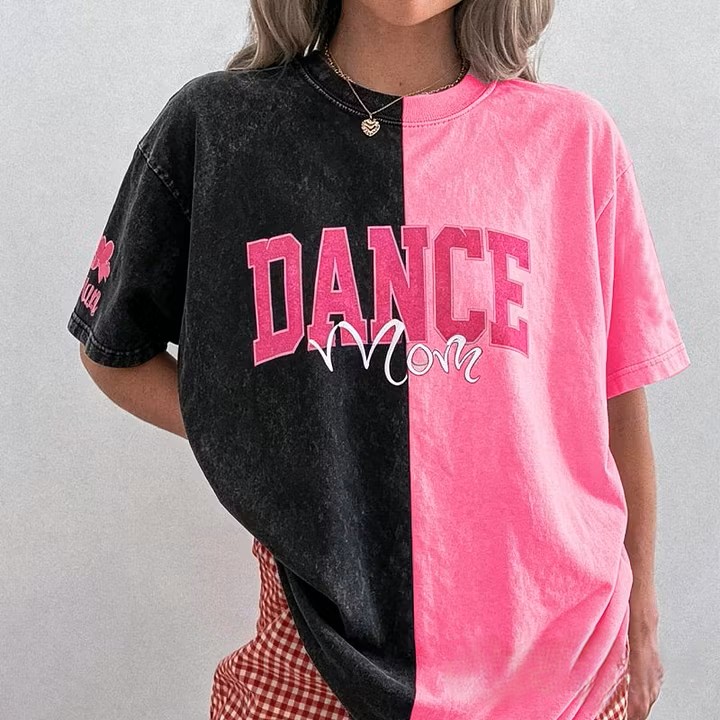  Custom Glitter Dance Embroidered Mom Two Tone Washed T-Shirt with Glitter Bow on Sleeve