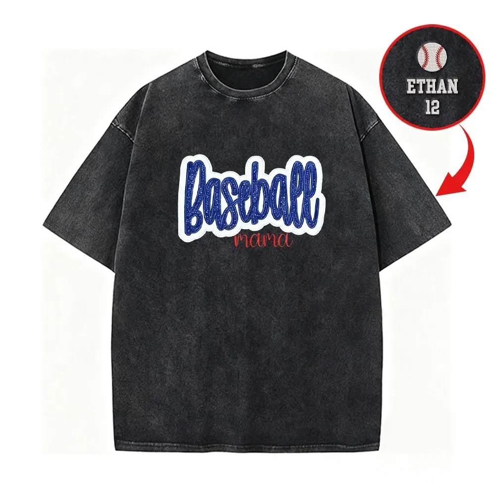 Personalized Custom Glitter Embroidered Baseball Mom Washed T-Shirt with Side Bow