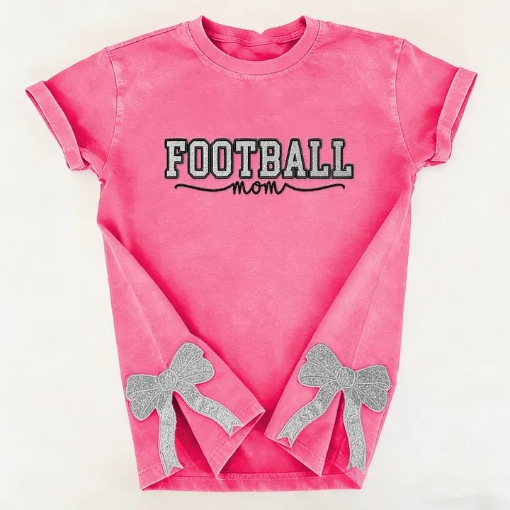Glitter Embroidered Football Mom Proud Sport Mom Washed T-Shirt