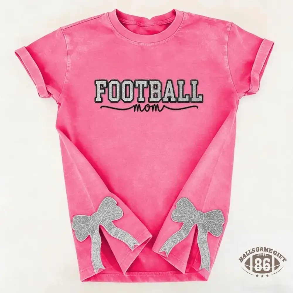 Glitter Embroidered Football Mom Proud Sport Mom Washed T-Shirt