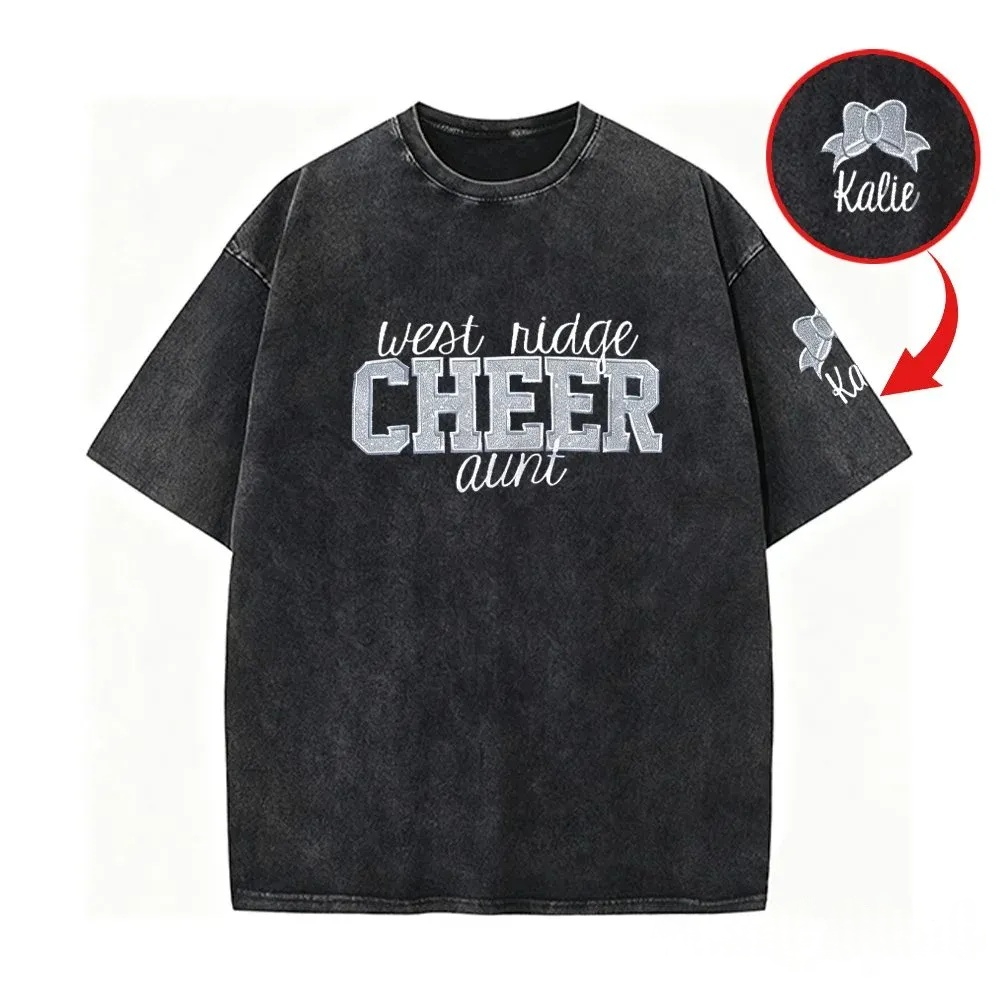 Personalized Custom Glitter Embroidered Cheer Mom Washed T-Shirt