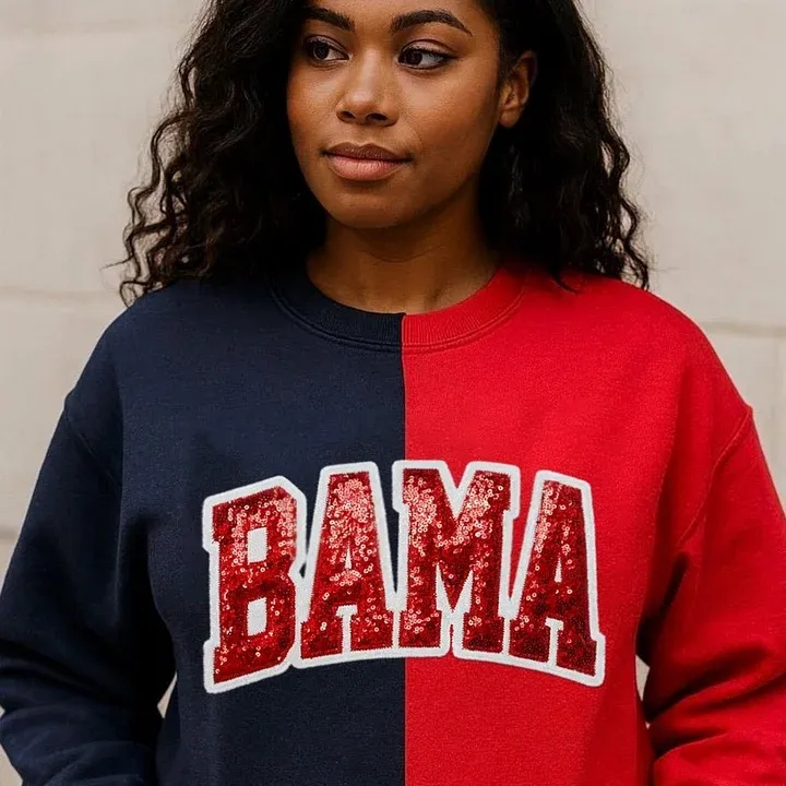 Personalized School Team Sequins Appliqué Sweatshirt – Two-Tone Split Crewneck