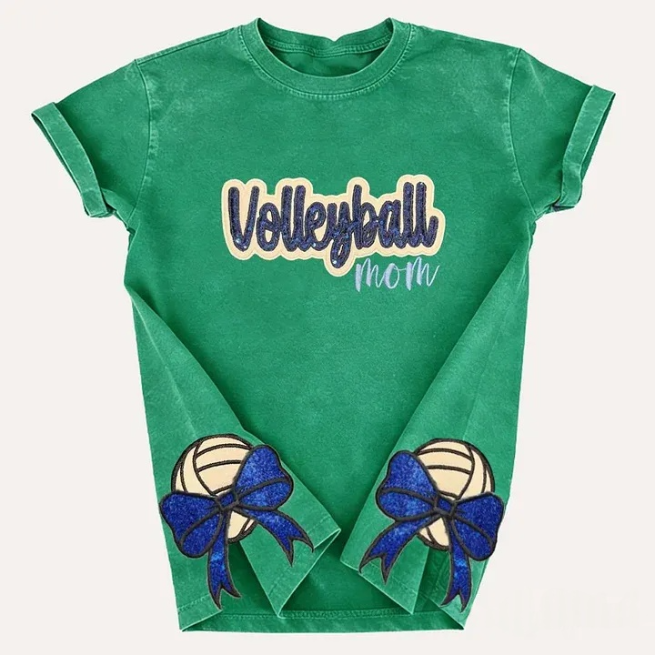Sequin Volleyball Game Day Distressed T-Shirt with Side Bow Detail