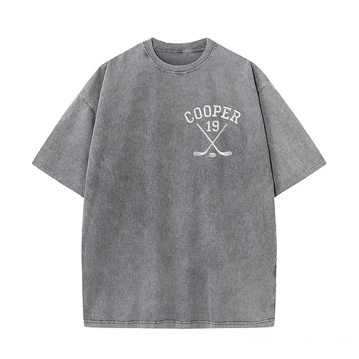 Personalized Custom Embroidered Hockey Washed T-Shirt with Side Crossed Hockey Sticks