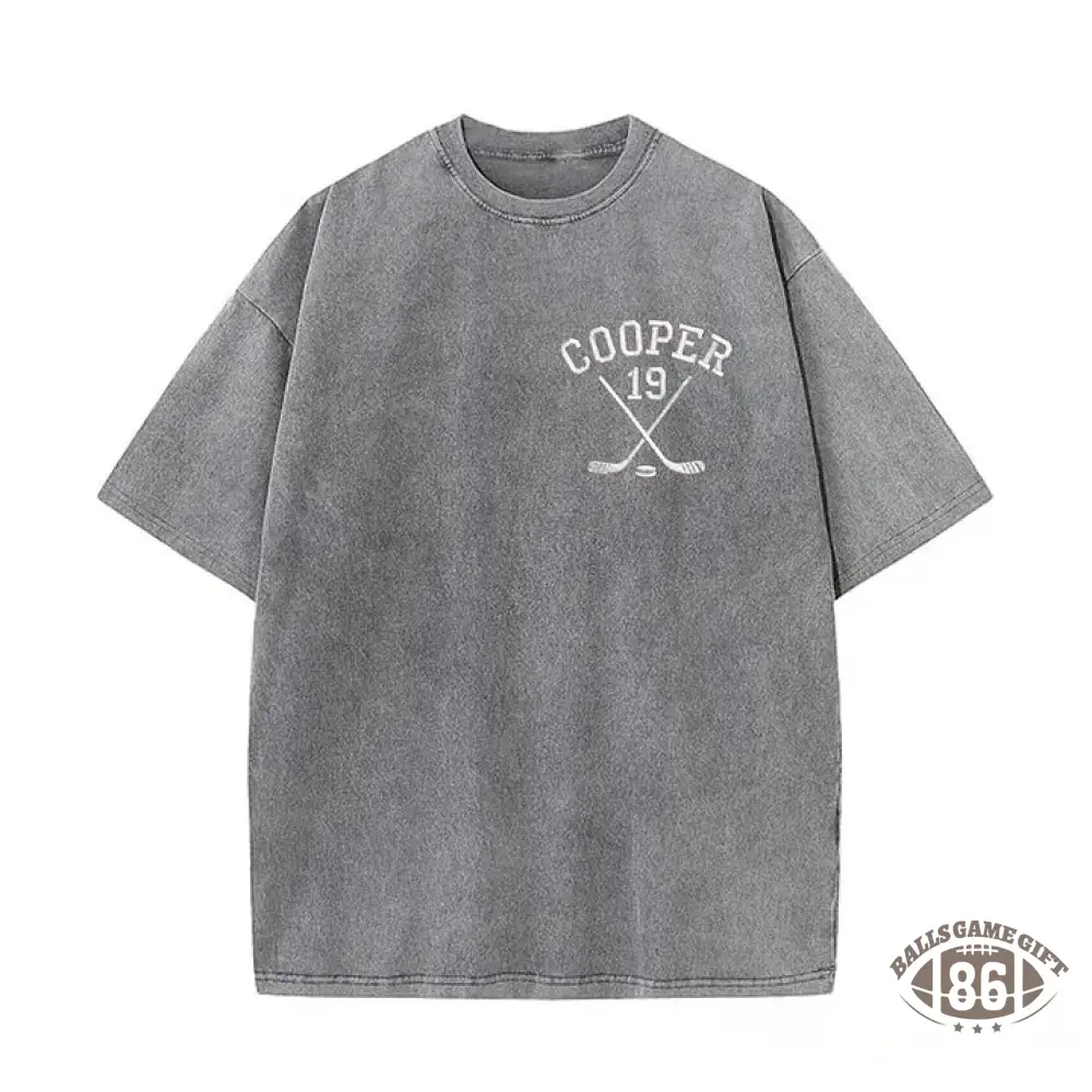 Personalized Custom Embroidered Hockey Washed T-Shirt with Side Crossed Hockey Sticks