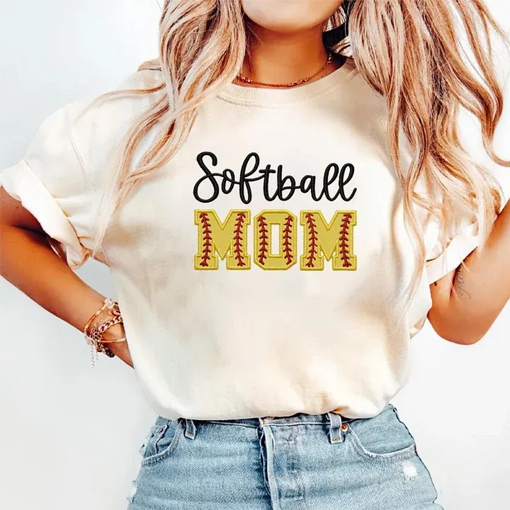 Softball DAD or MOM Applique Embroidery Personalized Washed T-Shirt