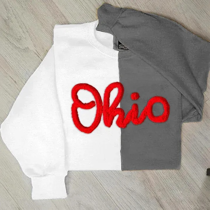 Personalized Chenille Yarn Embroidered Two Tone Sweatshirt School Mascot Split Sweatshirt