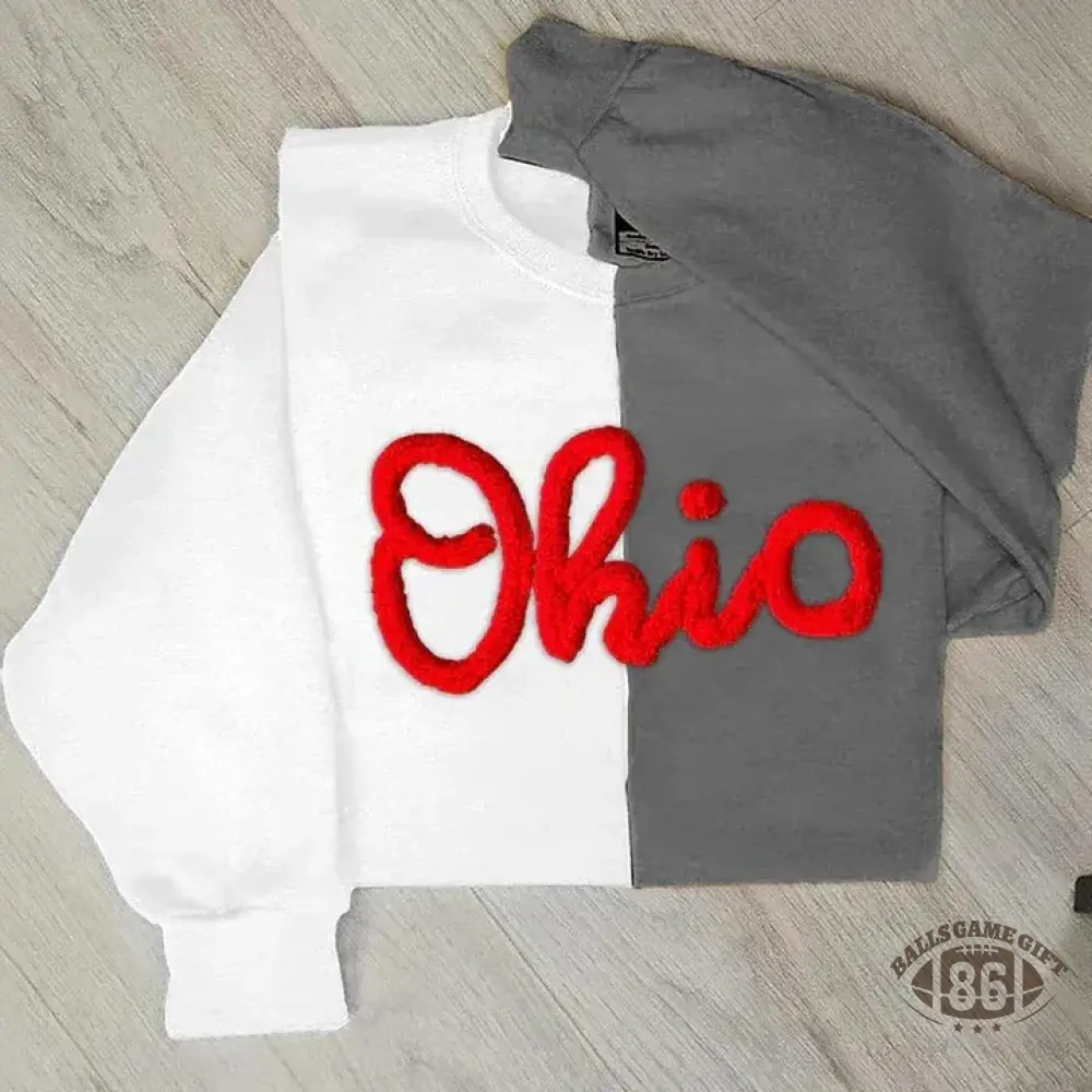 Personalized Chenille Yarn Embroidered Two Tone Sweatshirt School Mascot Split Sweatshirt