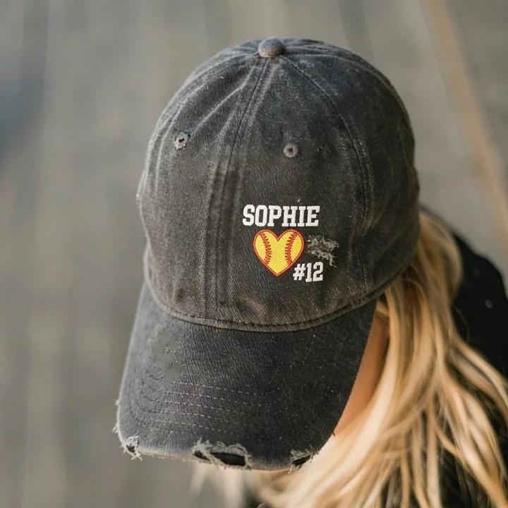 Softball Heart with Name & Number Distressed Baseball Cap Softball Mom Gift