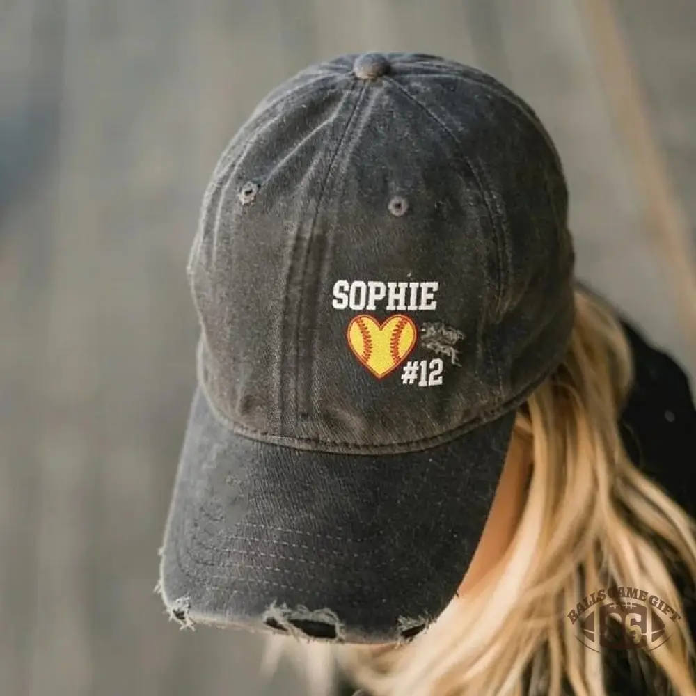 Softball Heart with Name & Number Distressed Baseball Cap Softball Mom Gift