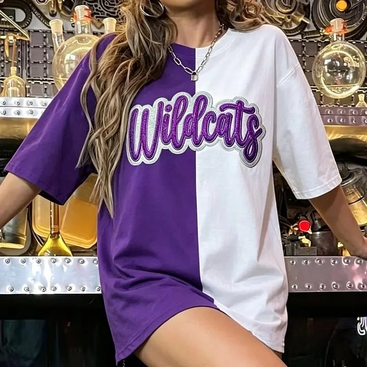 Custom Split Color Mascot Shirt Two Tone Glitter Applique Team Spirit T-Shirt