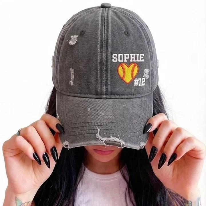 Softball Heart with Name & Number Distressed Baseball Cap Softball Mom Gift