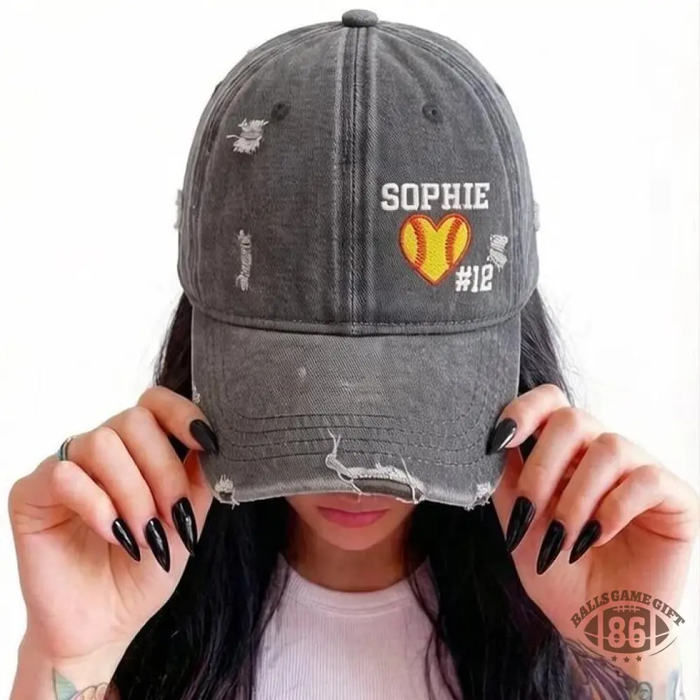 Softball Heart with Name & Number Distressed Baseball Cap Softball Mom Gift