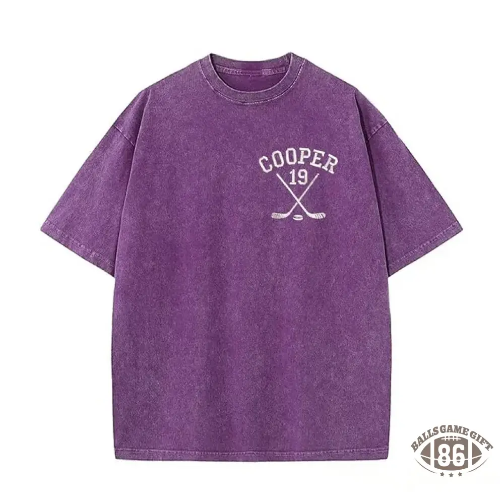 Personalized Custom Embroidered Hockey Washed T-Shirt with Side Crossed Hockey Sticks