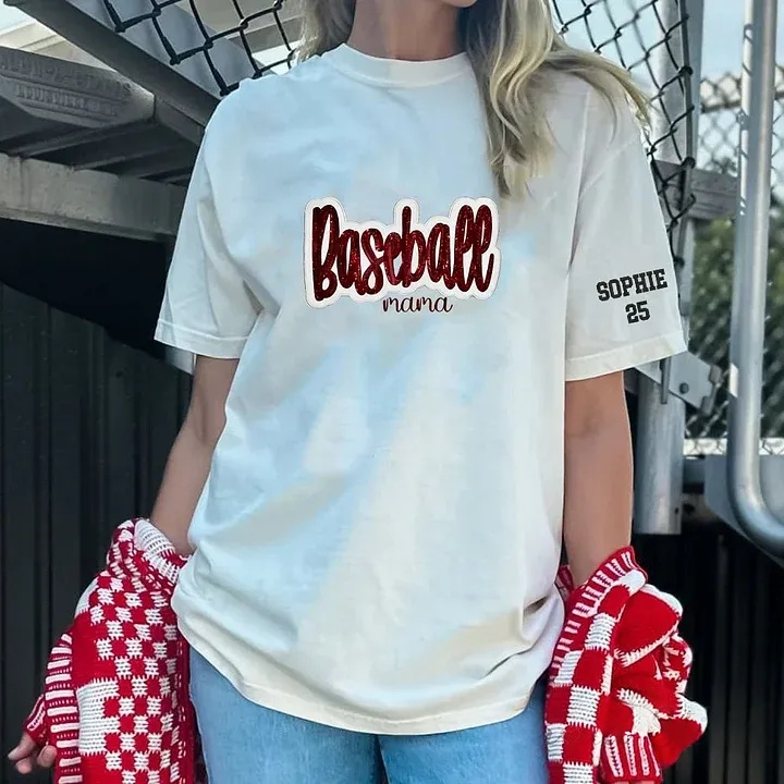 Personalized Custom Glitter Embroidered Baseball Mom Washed T-Shirt with Side Bow