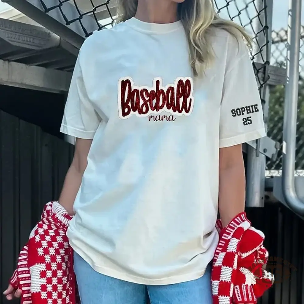Personalized Custom Glitter Embroidered Baseball Mom Washed T-Shirt with Side Bow