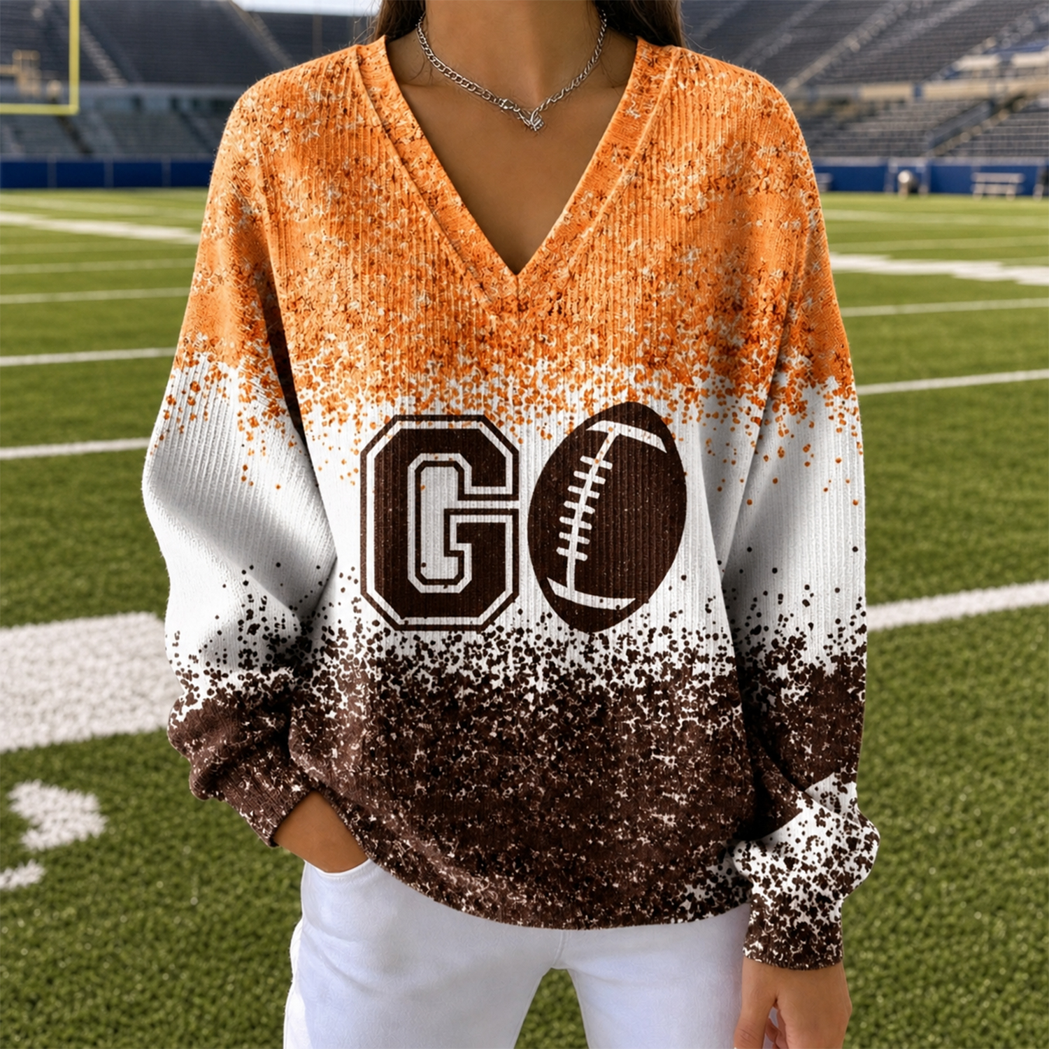 Women's Thanksgiving Game Day Turkey Print Plaid Patchwork Sweatshirt, Relaxed Fit Fall Football Pullover