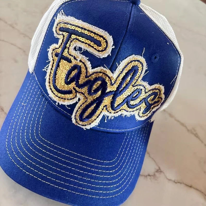 Custom Sequin Applique Script Team or School Name Cap Embroidery Sport Hat