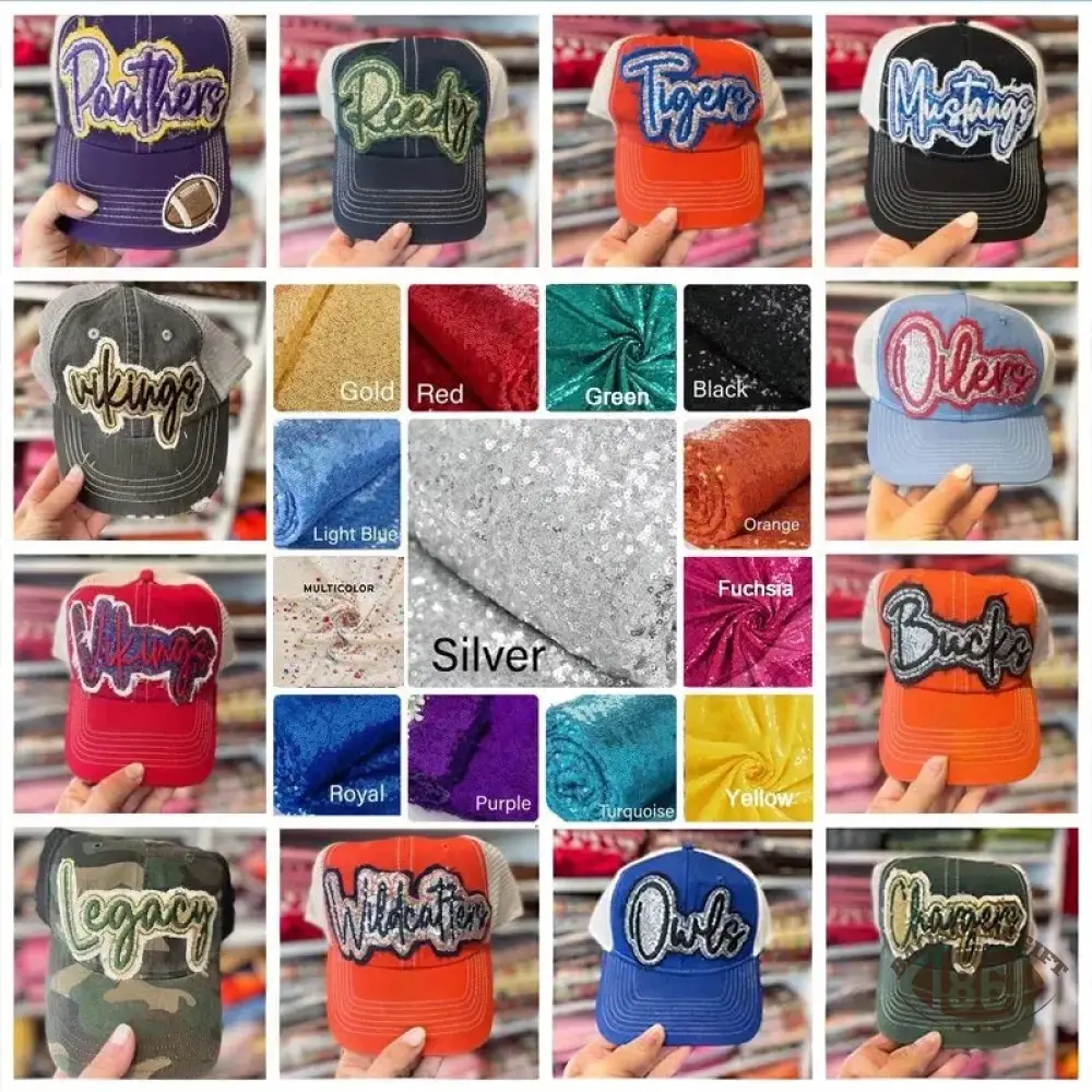 Custom Sequin Applique Script Team or School Name Cap Embroidery Sport Hat