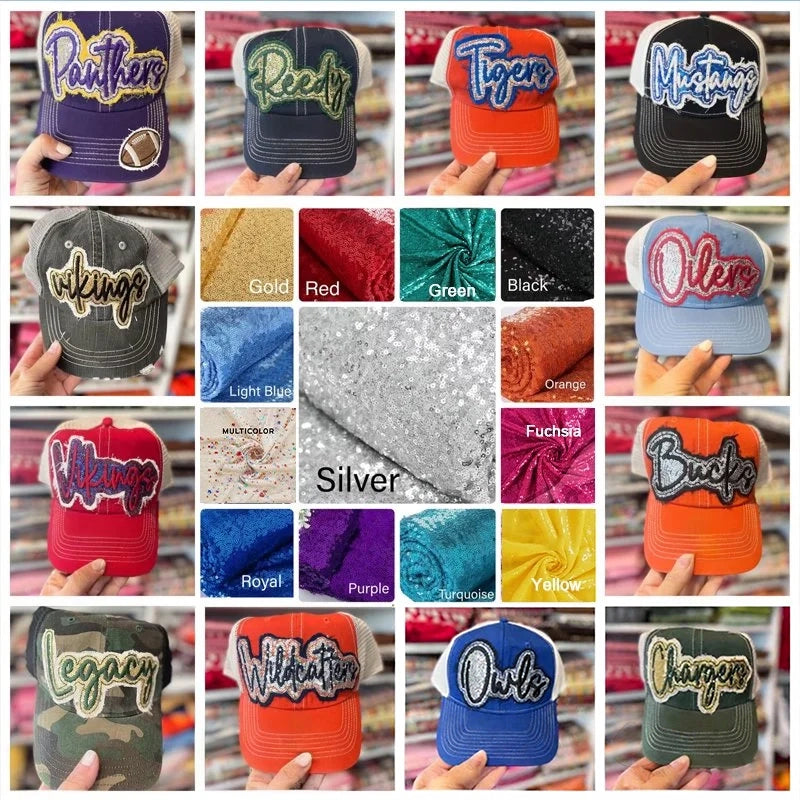 Custom Sequin Applique Script Team or School Name Cap Embroidery Sport Hat