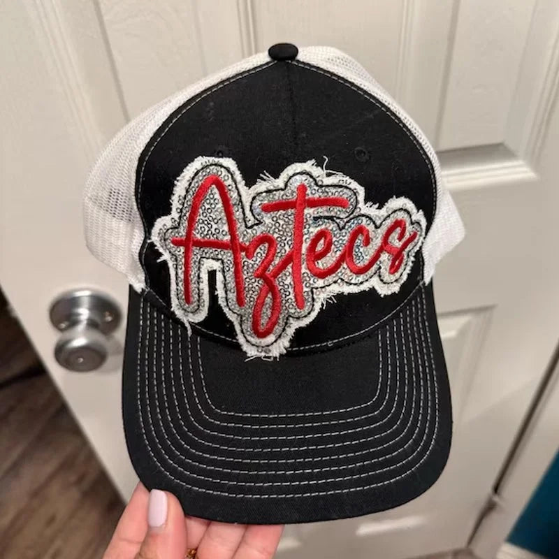 Custom Sequin Applique Script Team or School Name Cap Embroidery Sport Hat