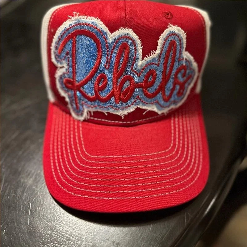 Custom Sequin Applique Script Team or School Name Cap Embroidery Sport Hat