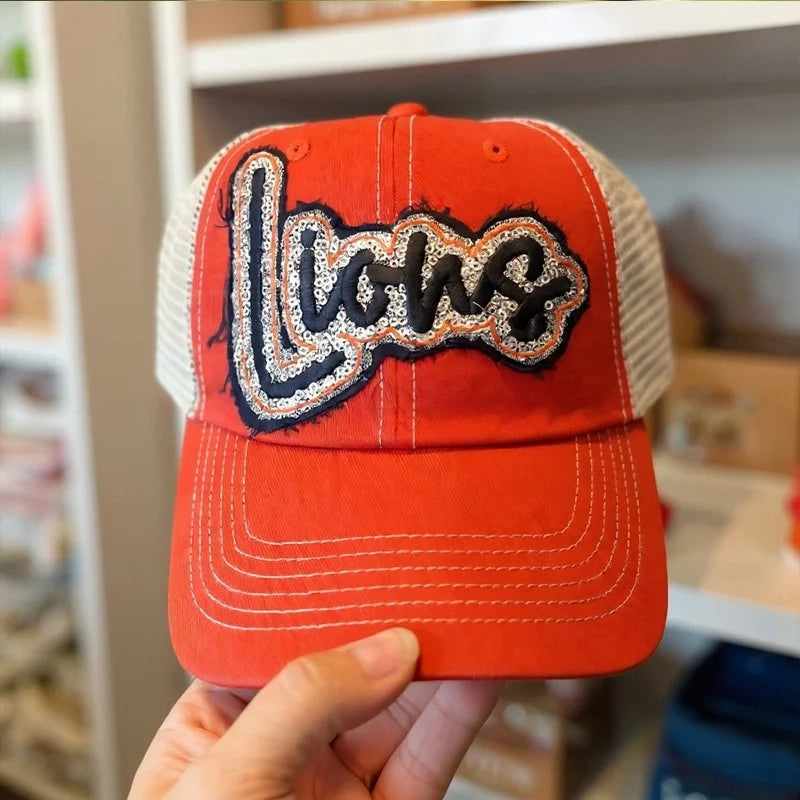 Custom Sequin Applique Script Team or School Name Cap Embroidery Sport Hat