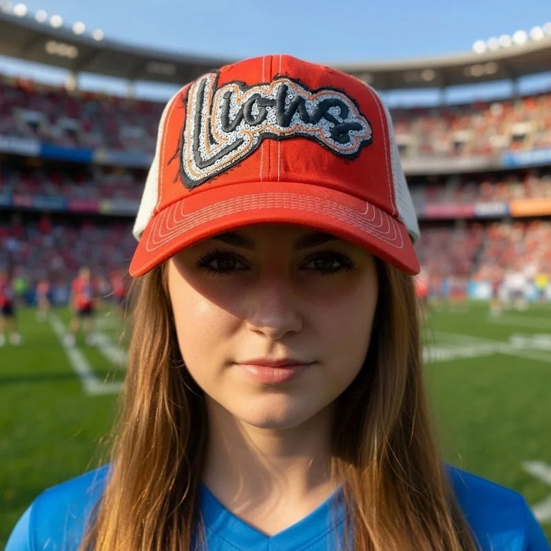 Custom Sequin Applique Script Team or School Name Cap Embroidery Sport Hat