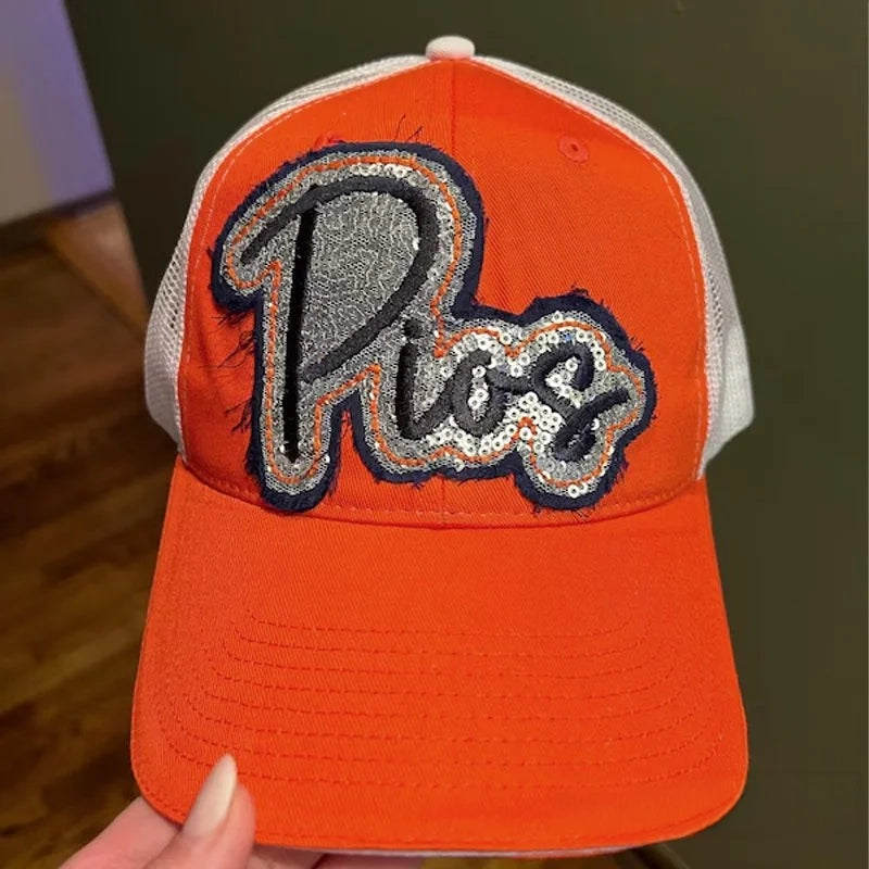 Custom Sequin Applique Script Team or School Name Cap Embroidery Sport Hat