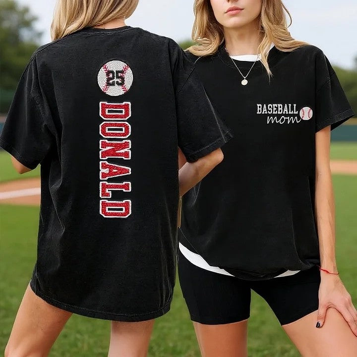 Baseball Mom Washed T-Shirt Glitter Embroidery Name or Team Name Shirt