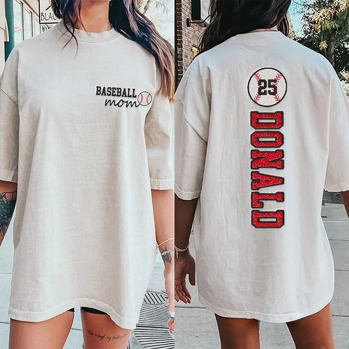 Baseball Mom Washed T-Shirt Glitter Embroidery Name or Team Name Shirt