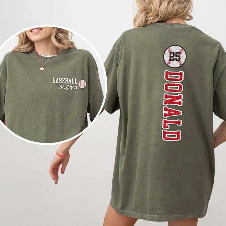 Baseball Mom Washed T-Shirt Glitter Embroidery Name or Team Name Shirt