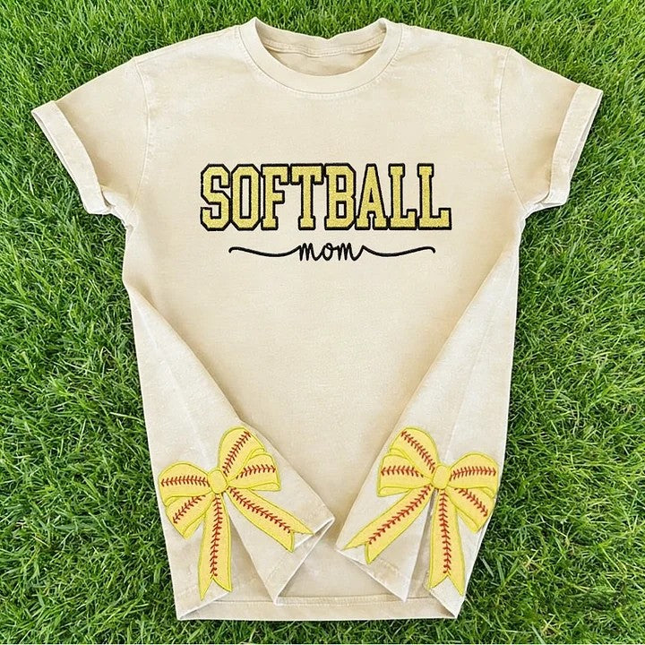 Softball Mom Dad Washed T-Shirt with Glitter Embroidered Side Bow Vintage Softball T-shirt | Gifts for Sports Mom