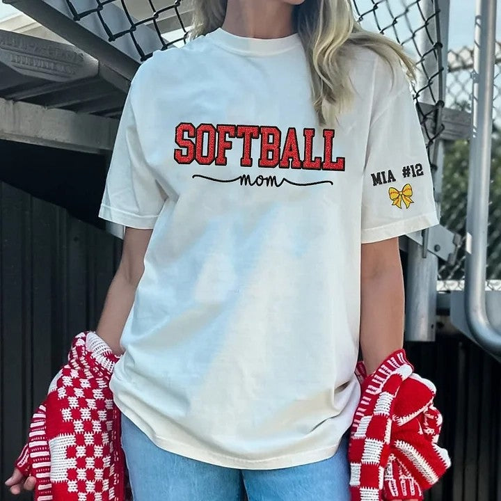 Softball Mom Dad Washed T-Shirt with Glitter Embroidered Side Bow Vintage Softball T-shirt | Gifts for Sports Mom