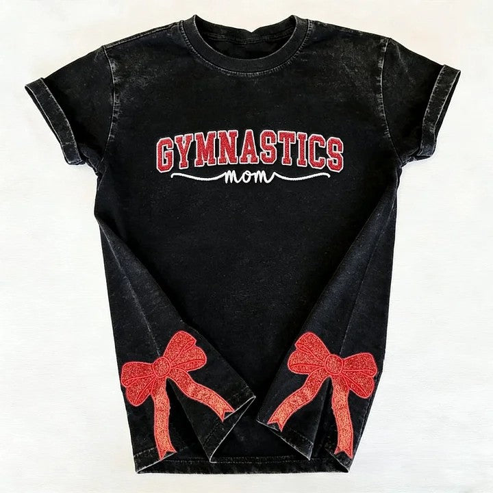 Gymnastics Mom Side Bow Glitter Embroidery Washed T-Shirt Gymnastic Mom Apparel