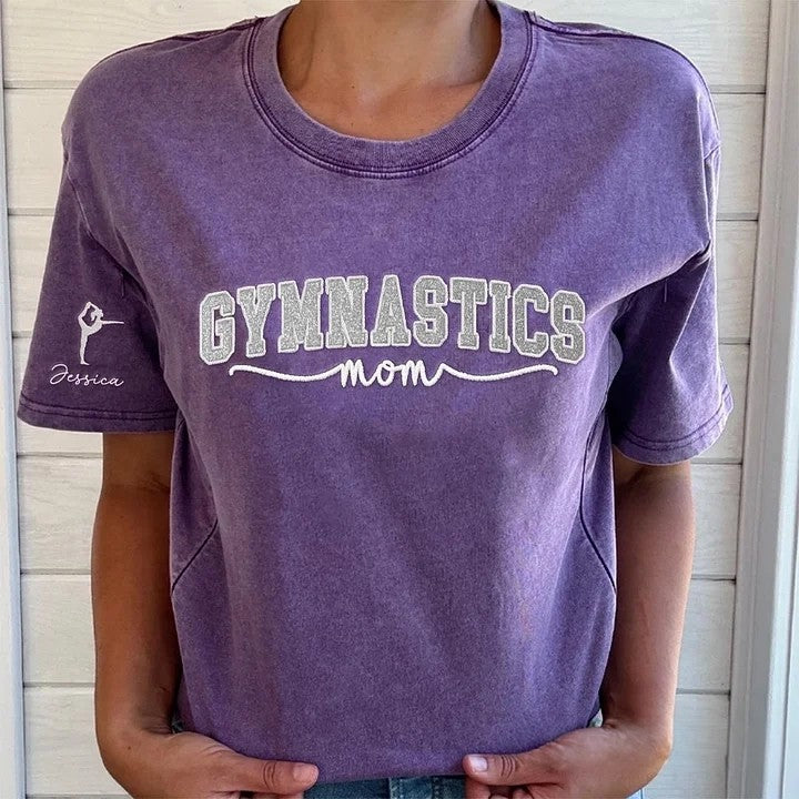 Gymnastics Mom Side Bow Glitter Embroidery Washed T-Shirt Gymnastic Mom Apparel