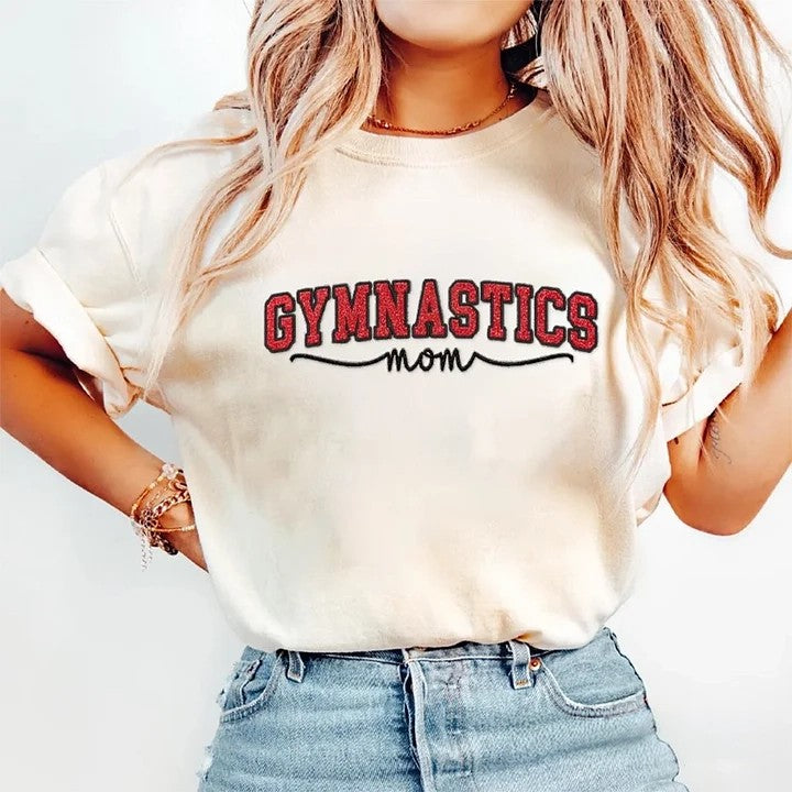 Gymnastics Mom Side Bow Glitter Embroidery Washed T-Shirt Gymnastic Mom Apparel