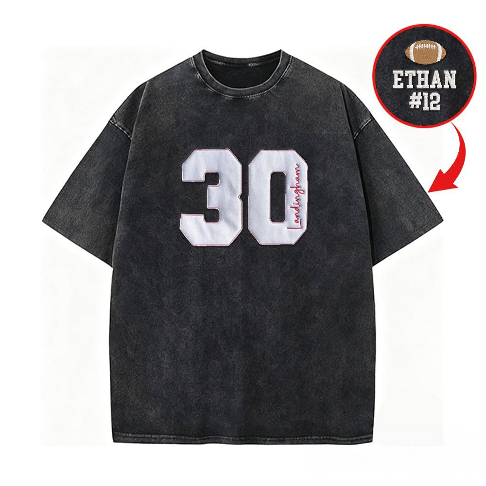 Personalized Sports Number Embroidered Washed T-Shirt for Team or Player Gifts for Sports Mom