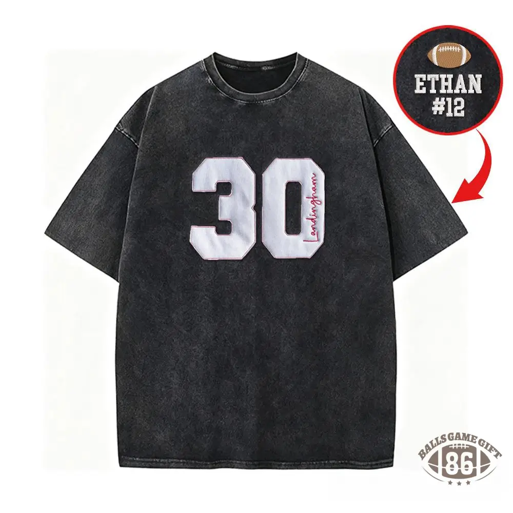 Personalized Sports Number Embroidered Washed T-Shirt for Team or Player Gifts for Sports Mom