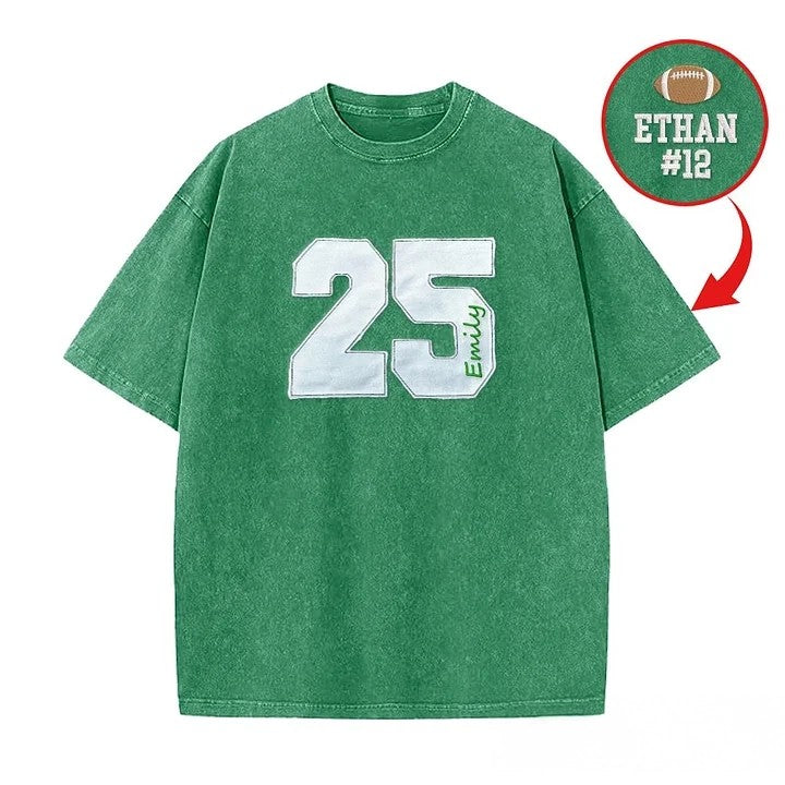 Personalized Sports Number Embroidered Washed T-Shirt for Team or Player Gifts for Sports Mom