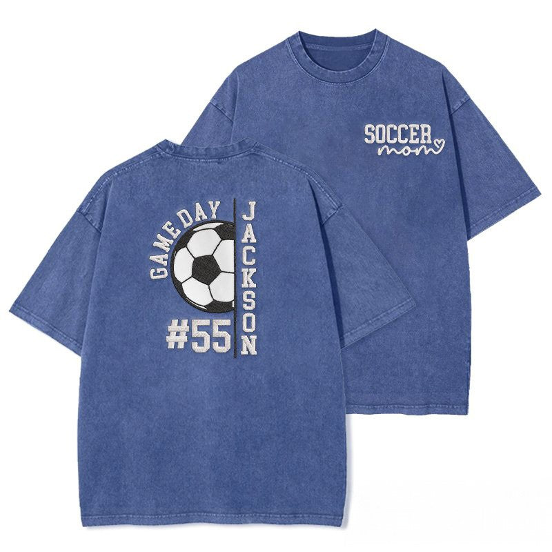 Embroidery Soccer Season Soccer Mom with Kids Name and Number Washed T-shirt Gifts for Sports Mom Dad
