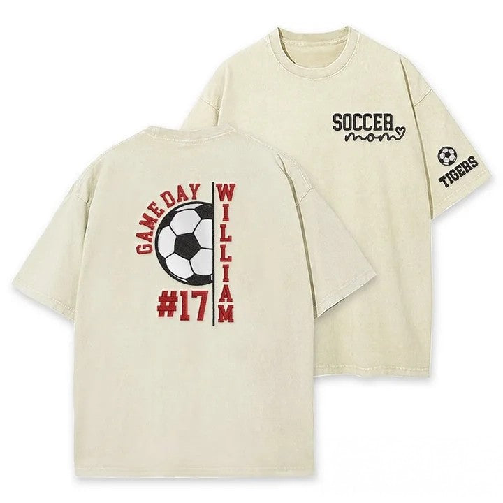 Embroidery Soccer Season Soccer Mom with Kids Name and Number Washed T-shirt Gifts for Sports Mom Dad